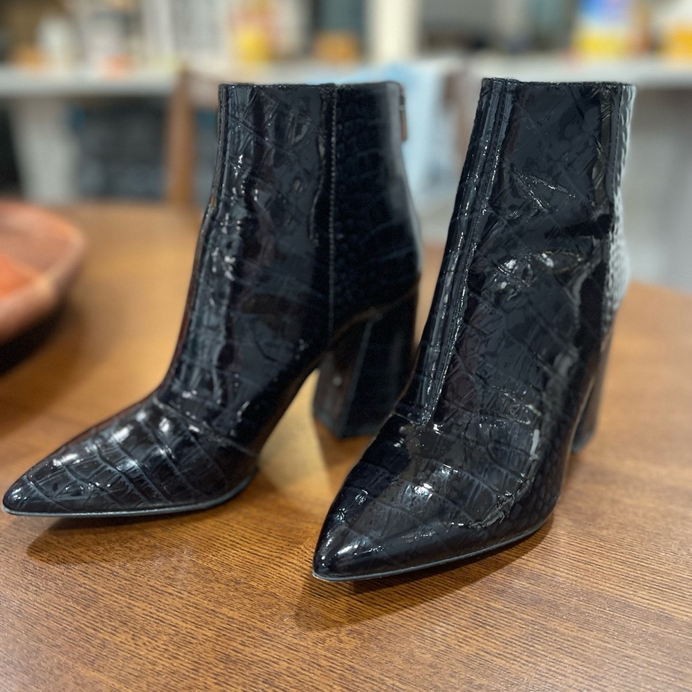 Vince Camuto faux print black patent bootie